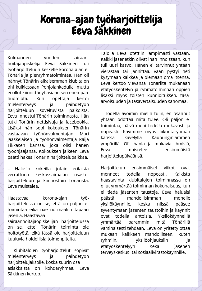 Ensimmäinen sivu Eeva Säkkistä koskevasta haastattelusta.